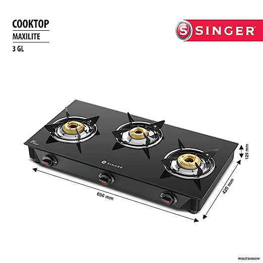 Singer 3 Burner Gas Stove Glass Top Manual Ignition - Maxilite 3GL (Black) Singer 3 Burner Gas Stove Glass Top Manual Ignition - Maxilite 3GL (Black)